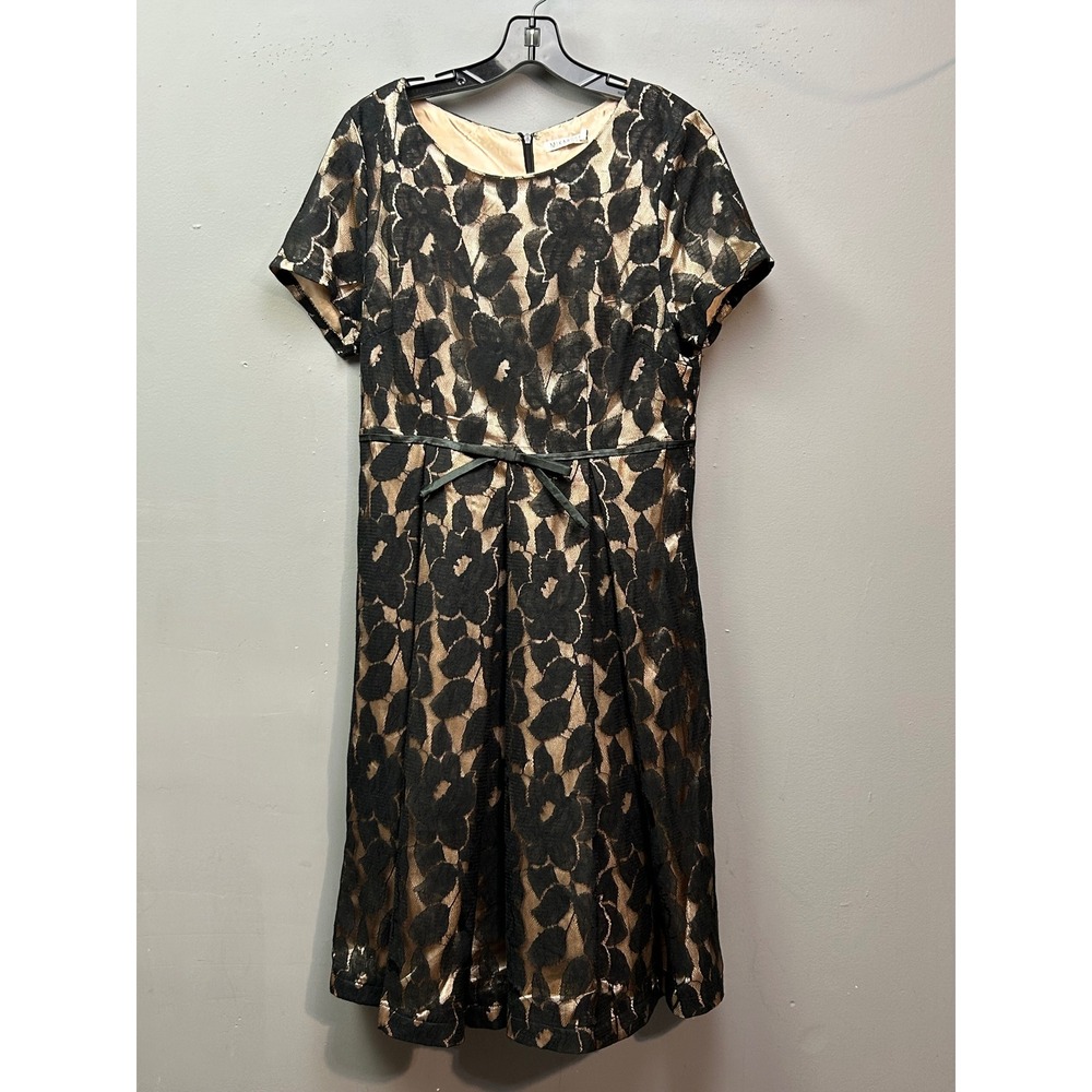 Mikarose Dress Women Large Black Gold Lace Modest Floral Short Sleeve Midi NEW